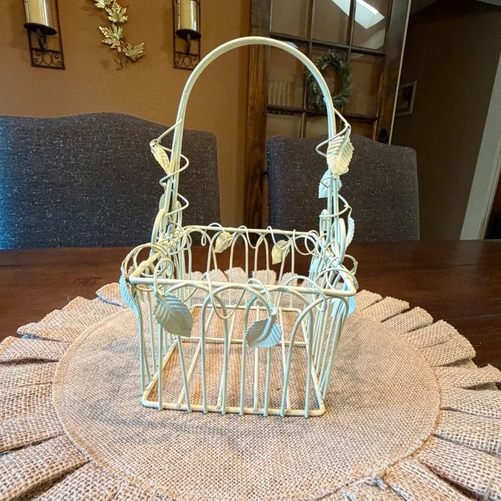 Vintage Cream Metal Wire Basket Leaf Vine Detail Farmhouse Decorative